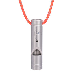 Boundless Voyage Ti9018 titanium whistle front view with lanyard for easy safety access