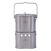 Boundless Voyage titanium pot with folding handle for ultralight backpacking meals.