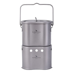 Boundless Voyage titanium pot with folding handle for ultralight backpacking meals.