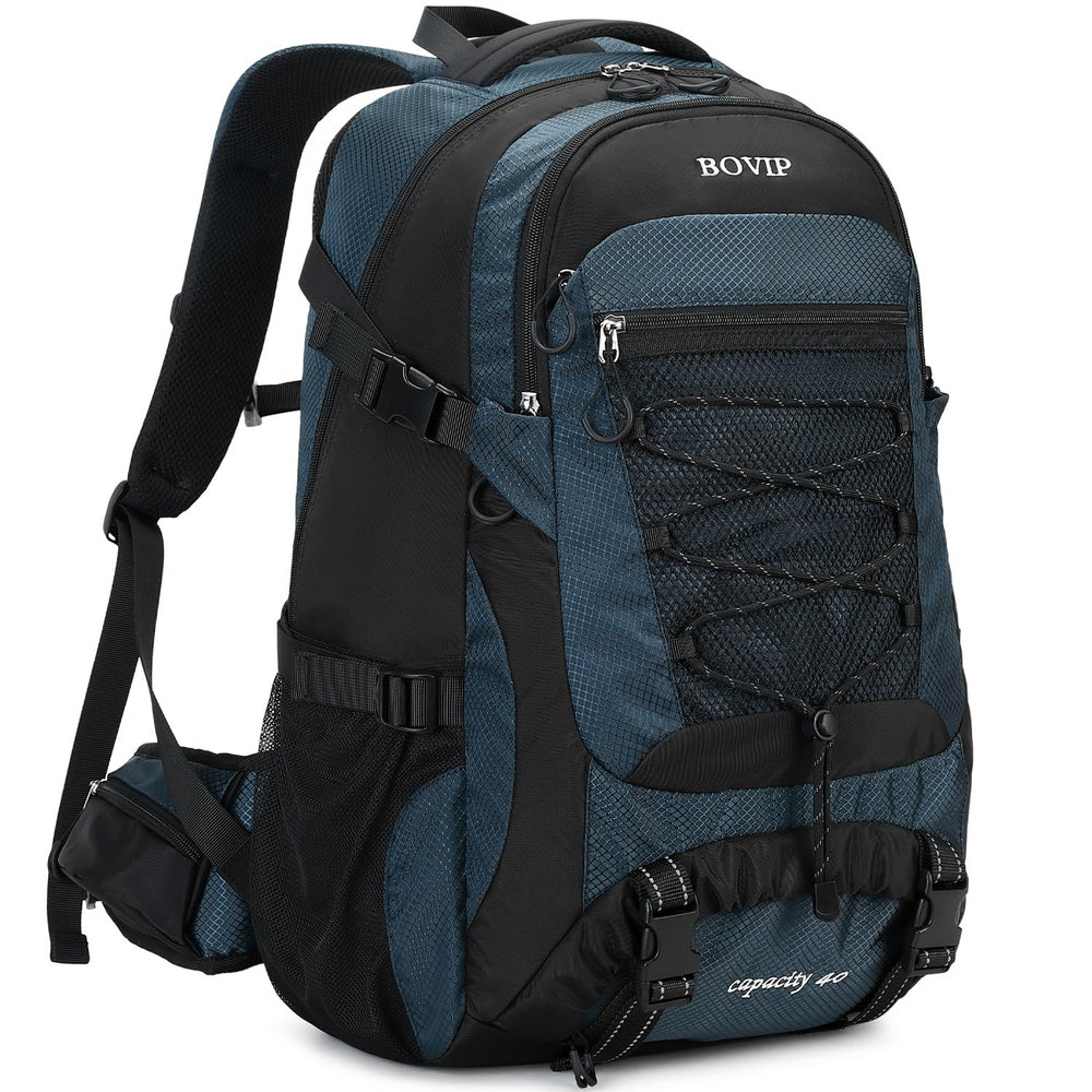 BOVIP 40L backpack water-resistant fabric highlighting rugged durability