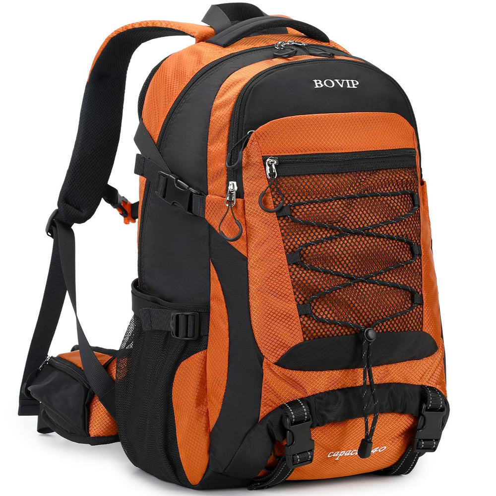 BOVIP 40L hiking backpack waterproof in orange protecting gear during light rain