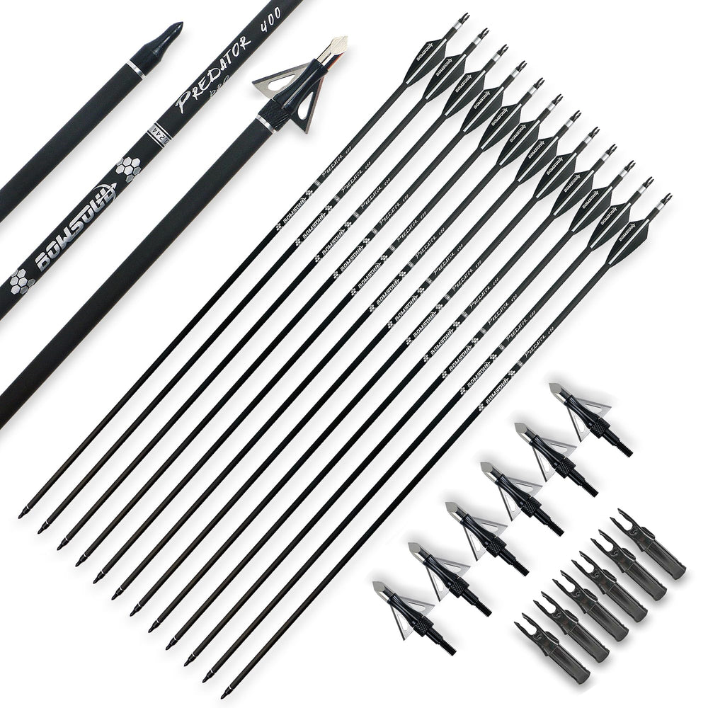 BOWSOUL arrows in packaging show twelve carbon arrows and broadheads for hunting.