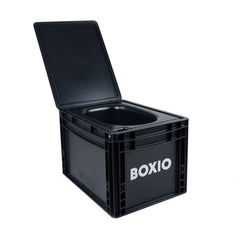 BOXIO toilet dimensions show compact size for vehicle storage and travel.