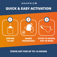 Bramble toe warmers activation steps illustrate easy, odorless heat for cold-weather outings.