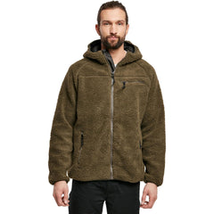 Brandit hooded fleece jacket olive full-zip with chin guard showcases wind protection
