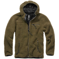 Brandit hooded fleece jacket olive close-up on the hood highlights warm outdoor wear