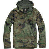 Brandit Individual Wear woodland windbreaker front view shows lightweight, weatherproof protection for outdoor adventures.