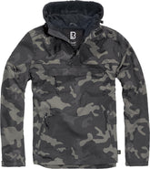 Brandit windbreaker dark camo front view highlights weatherproof outer shell for outdoor durability.