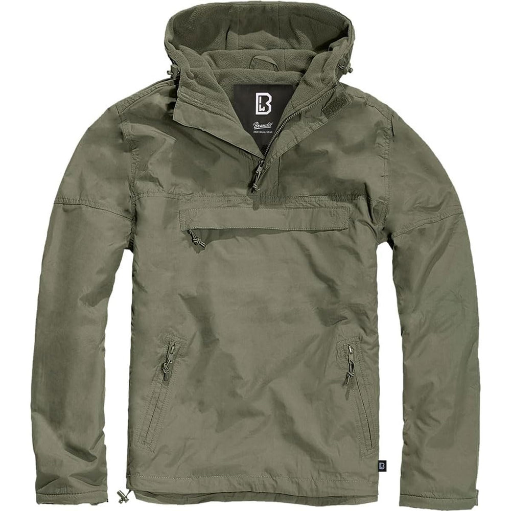 Brandit windbreaker olive front view shows lightweight, weatherproof outer layer for outdoor use.