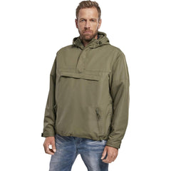 Brandit windbreaker olive side view highlights adjustable cuffs and hood for a customizable fit.
