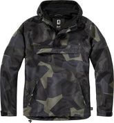 Brandit windbreaker quarter-zip front view in dark camo, weather-ready and comfortable outdoors