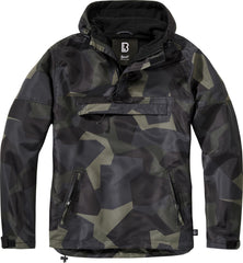Brandit windbreaker quarter-zip front view in dark camo, weather-ready and comfortable outdoors