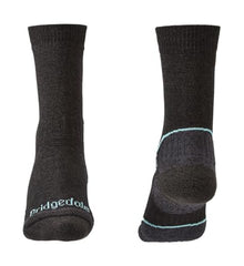 Bridgedale women's-fit boot socks in graphite mint with close-up of cushioning and heel cup