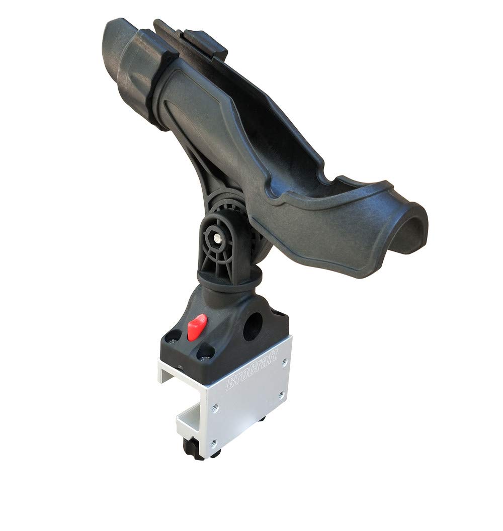 Brocraft AlumaTrac rod holder front view on Alumacraft boat for easy reach.