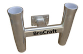 Brocraft aluminum 2-rod holder in transom mount shows secure 90-degree rod positioning.