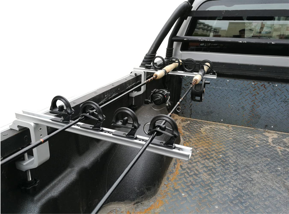 Brocraft aluminum clamp-on rod holder mounted in a truck bed
