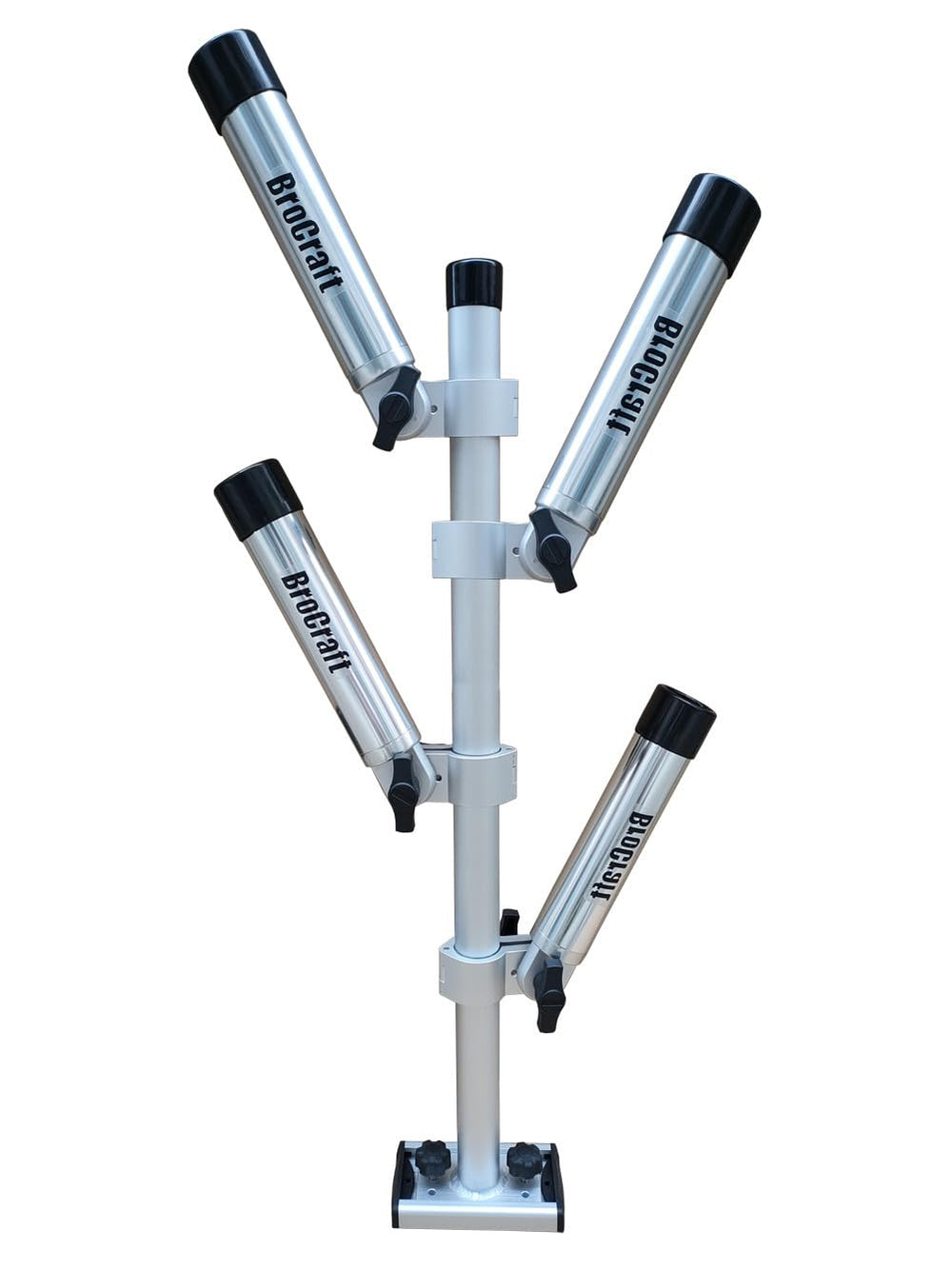 Brocraft aluminum trolling rod holder tree on a boat for organized trolling setups.