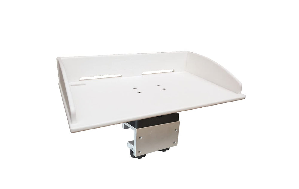 Brocraft Bait/Fillet Table mounted on Alumacraft boat AlumaTrac system – close-up view