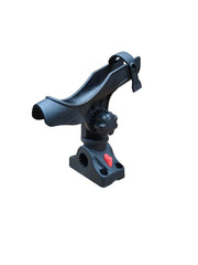 Brocraft baitcaster rod holder mounted on boat deck with side deck mount for secure placement.