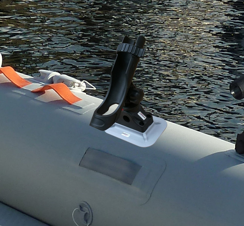 Brocraft glue-on boat rod holder mounted on inflatable rib