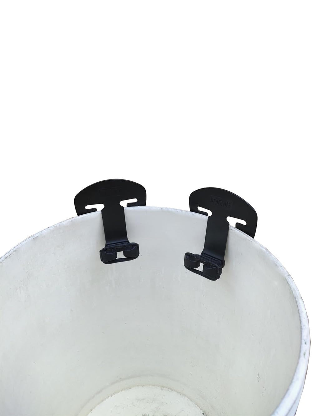 Brocraft ice fishing bucket rod holder with two slots for tangle-free storage.