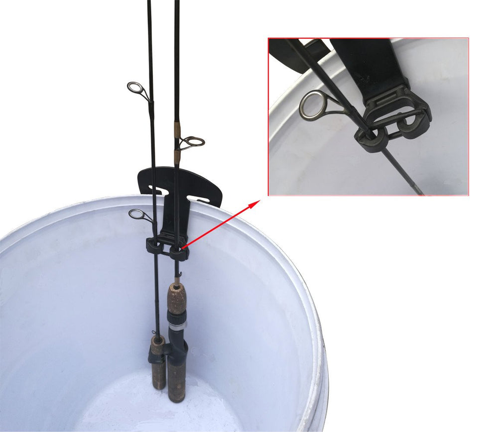 Brocraft ice fishing bucket rod storage keeps two rods organized and secure.
