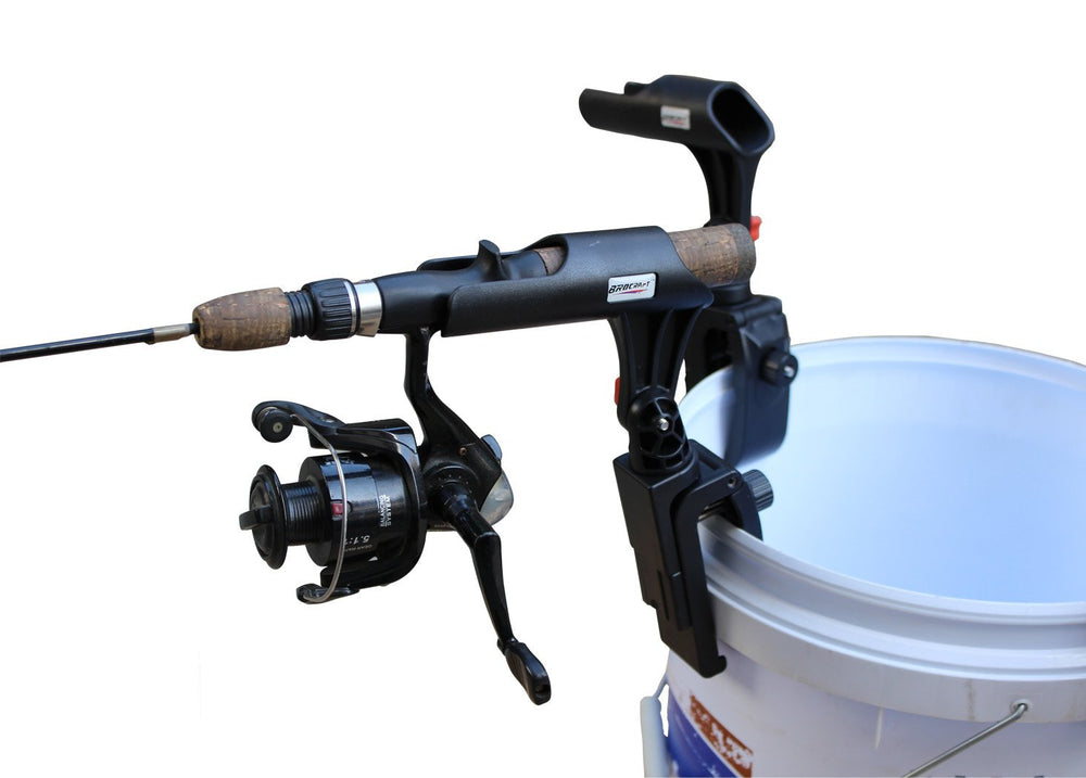 BroCraft rod holder on a bucket, securing rods for hands-free fishing