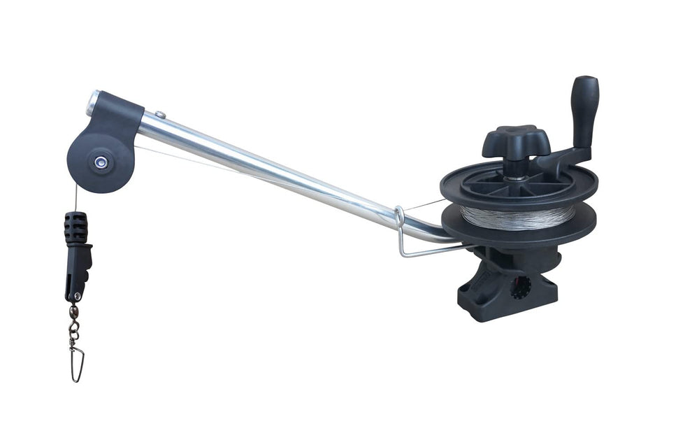 Brocraft Minin Manual Downrigger mounted on a small boat