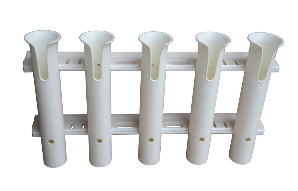 Brocraft 5-rod white tackle rack front view shows organized rod storage on deck.