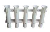 Brocraft 5-rod white tackle rack front view shows organized rod storage on deck.
