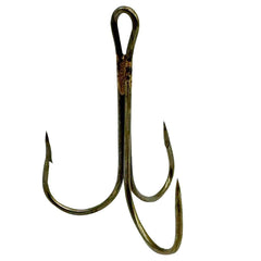 Wide-gap, heavy-duty bronze treble hooks designed for large game fish