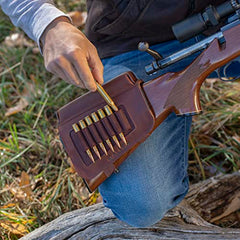 Brown full-grain leather buttstock cartridge carrier