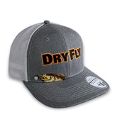 Front view of Brown Trout Rising Magnet Hat in Light Gray Caddis