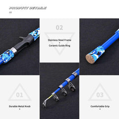 Brrnoo kids fishing pole blue fiberglass rod for durable family fishing.