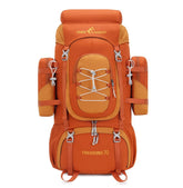 Bseash 70L backpack front view in orange with roomy main compartment for multi-day trips.