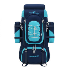 Bseash 70L backpack front view in navy shows spacious main compartment for multi-day trips.
