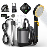 BSEED portable shower setup with immersion heater for outdoor camping needs.
