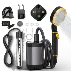 BSEED portable shower setup with immersion heater for outdoor camping needs.
