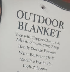 Buc-ee's Beaver Outdoor Blanket at campsite offers dry seating.