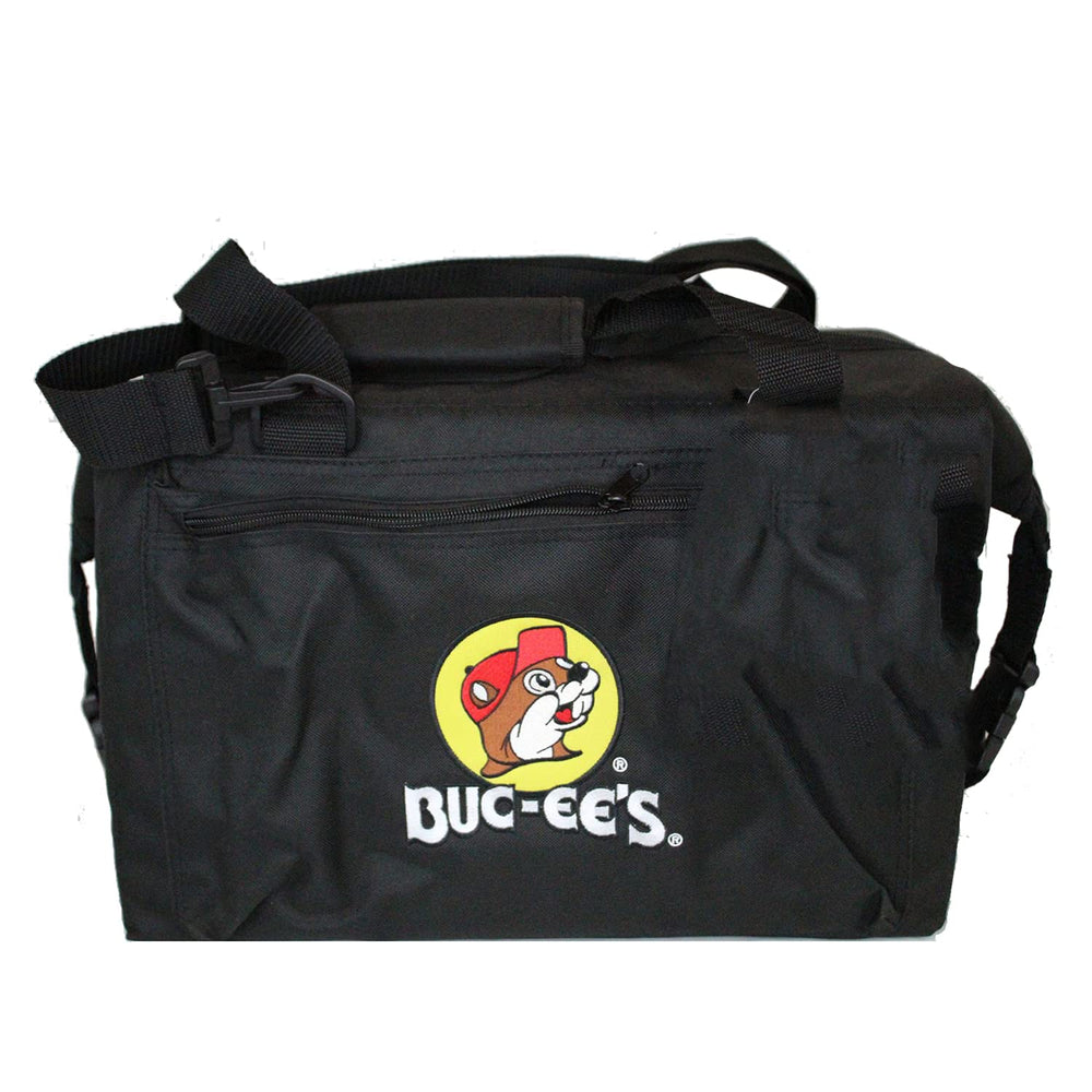 Buc-ee's traveling cooler bag front view with compact design and accessible pockets for trips.