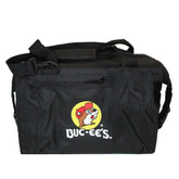 Buc-ee's traveling cooler bag front view with compact design and accessible pockets for trips.