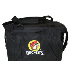 Buc-ee's traveling cooler bag front view with compact design and accessible pockets for trips.