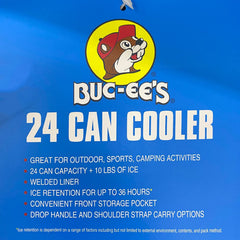 Buc-ee's traveling cooler bag open lid demonstrates wide access to food and drinks.
