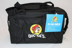 Buc-ee's cooler bag side view highlights padded handle and shoulder strap for easy carrying.