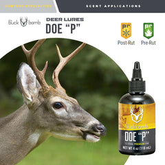 Close-up of Buck Bomb Doe P urine bottle with wick system and 4 oz size
