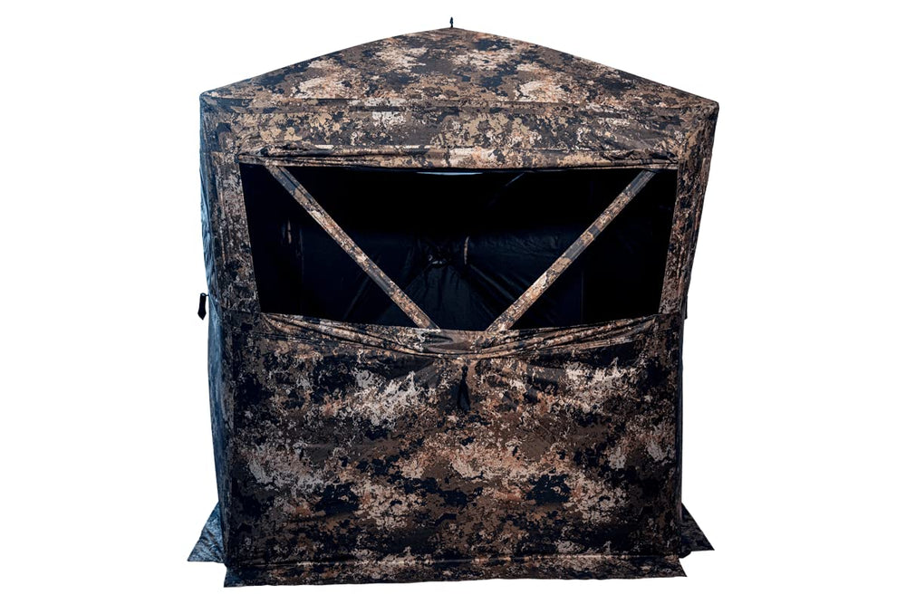 Buck Bourbon Rack House 150+ blind deployed in woodland for quick concealment.