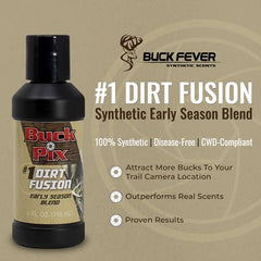Buck Fever Synthetics Dirt Fusion scent poured into soil near camera to attract bucks, non-spoiling