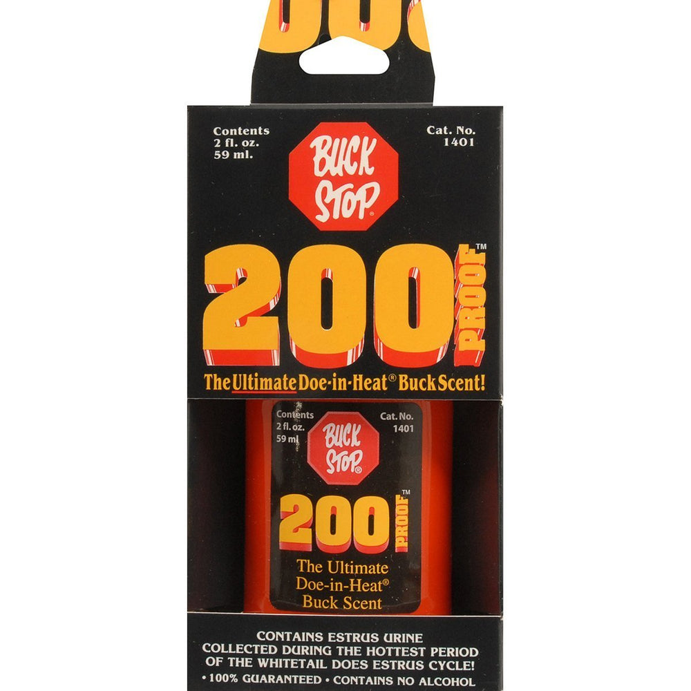 Buck Stop 200 Proof bottle pour showcases concentrated doe scent for rut lure.