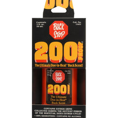 Buck Stop 200 Proof bottle pour showcases concentrated doe scent for rut lure.