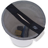 Two-pack 10-gallon bucket lid in black mesh on a boat